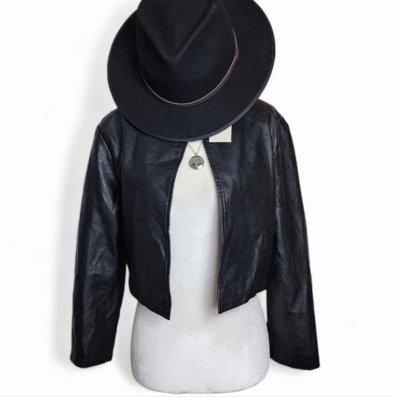 Black Y2k, 80's, 90's Style  Black Faux Leather Jacket Open Closure - Picture 1 of 4